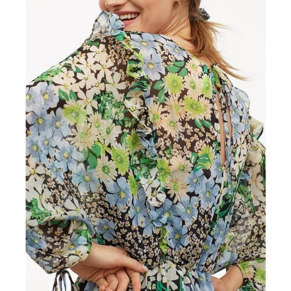 H&M Spring Summer Floral Flowy Chiffon Ruffle Trim Dolman Sleeves Dress M Green - Picture 5 of 14